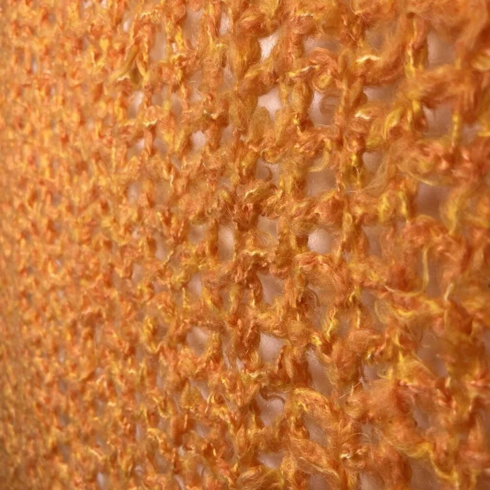 Vintage Handmade Orange Open-Weave Fringe Throw Retro Accent Blanket MCM Boho